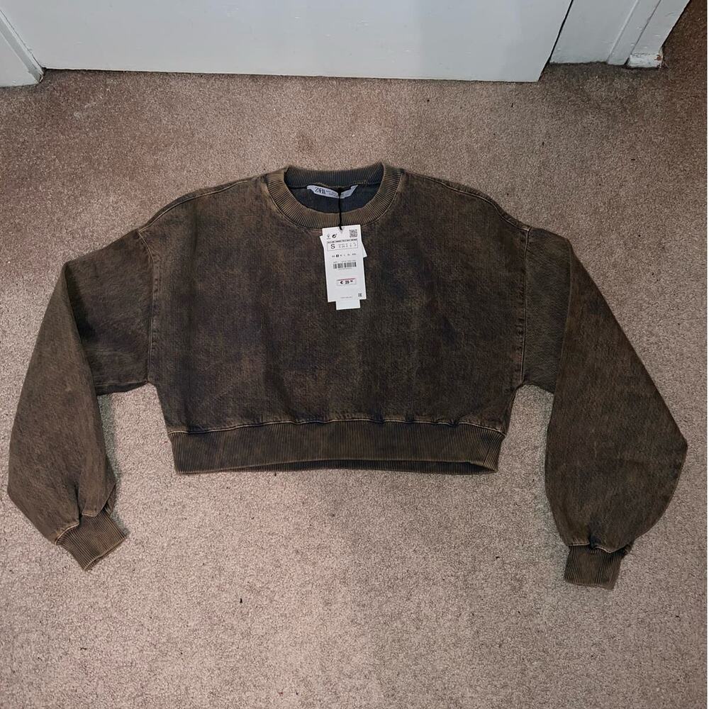 New ZARA Acid Washed Denim Cropped Sweatshirt size S